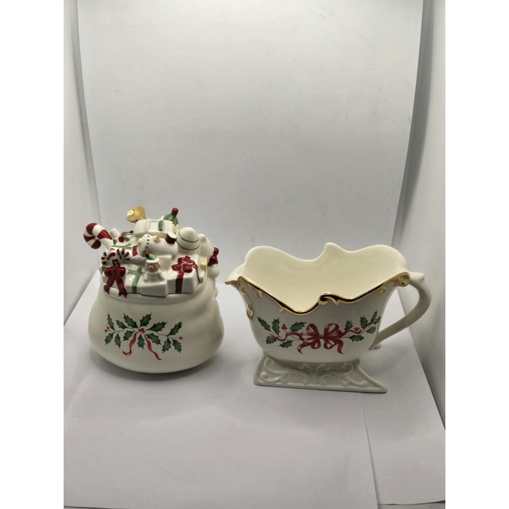 Lenox Holiday Santa Sleigh Creamer and Sugar Bowl and Spoon No Box